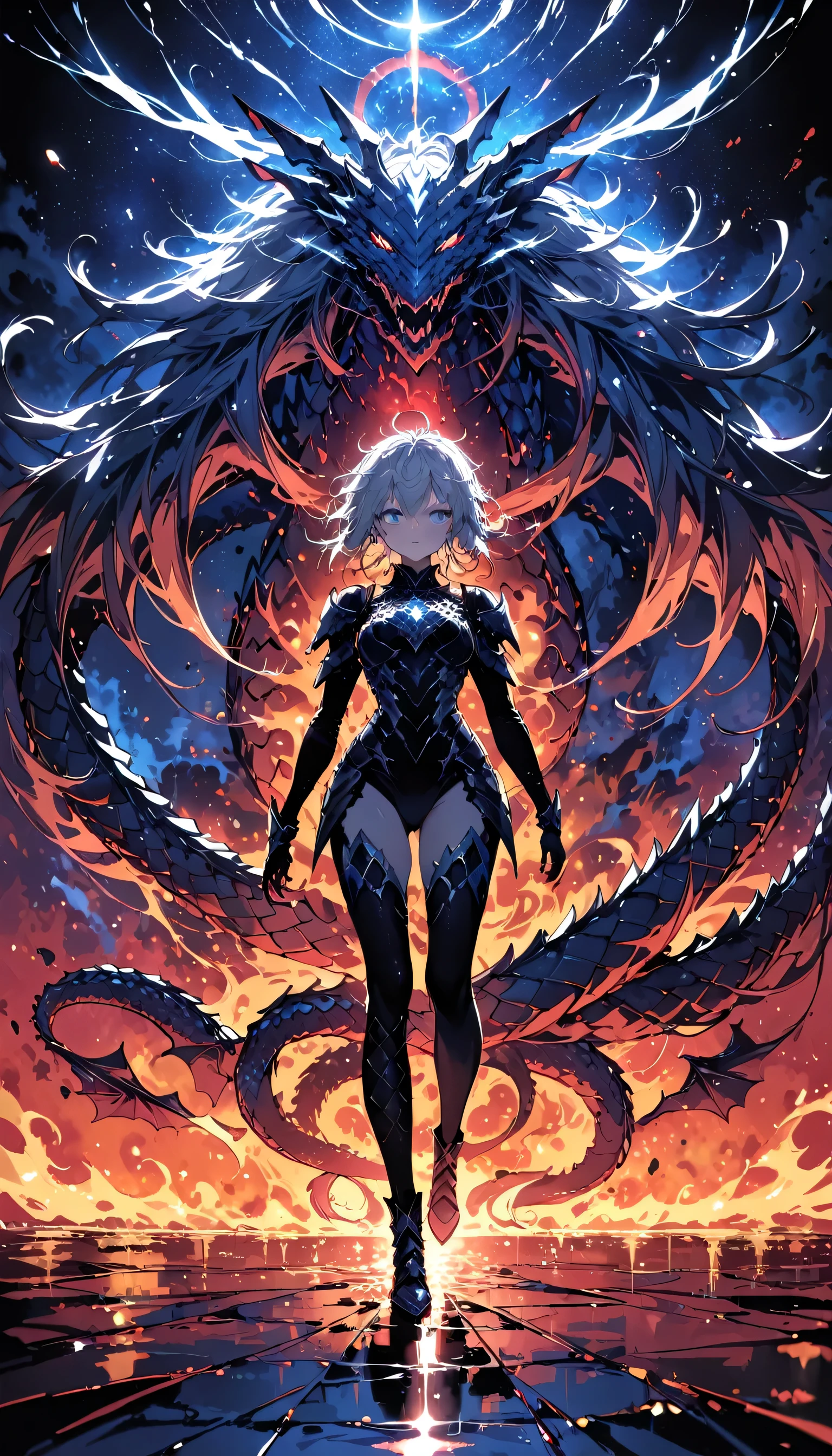 (masterpiece), (highest quality), (High Quality), (8k), girl, (whole body), Dragon Armor, Intricate details, Red glow, Silver short hair, Messy hair in the back, Detailed hair, Bright Blue Eyes, dominate performance, While she rules the world、Walking through more chaotic places, Fire Background, A dragon in the night sky, Boil the aura, (High quality lighting)