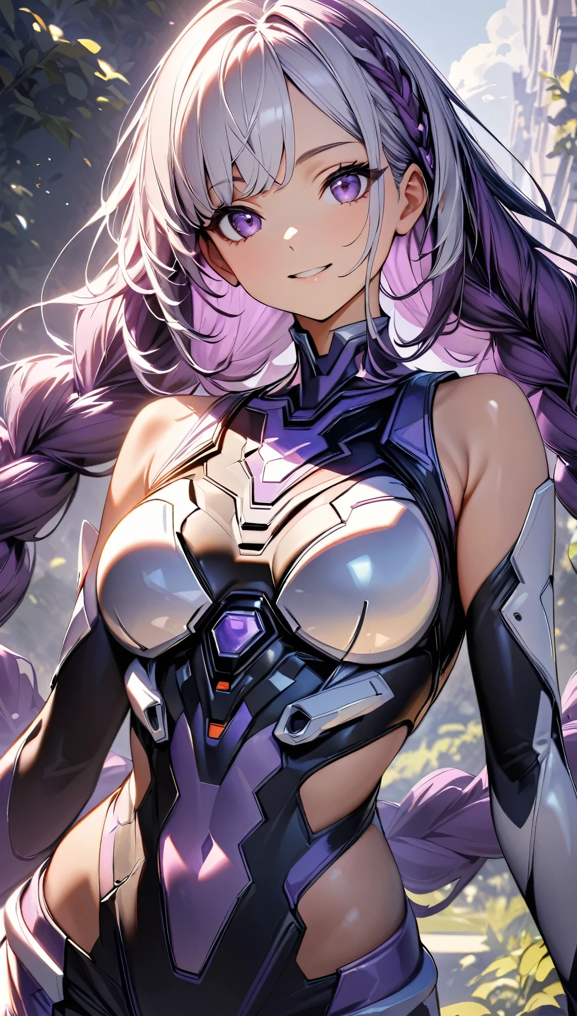 (highest quality:1.2, Very detailed, High Detail, High Contrast, masterpiece:1.2, highest quality, Best aesthetics), 1 Female, Cyber Suit, Separated sleeves, Bare shoulders, ((White Hair:1.4, Purple bicolor hair, Braided long hair, White and purple hair accessories:1.2, Dark purple bangs:1.1, Asymmetrical bangs)), Purple Eyes, Double eyelids, Detailed face, Loose braid, smile:1.2, Indifference, kind, Front view, Cowboy Shot, (((V sign:1.2))), A park filled with greenery, squirt:1.2, White cloud, Wide-angle lens.