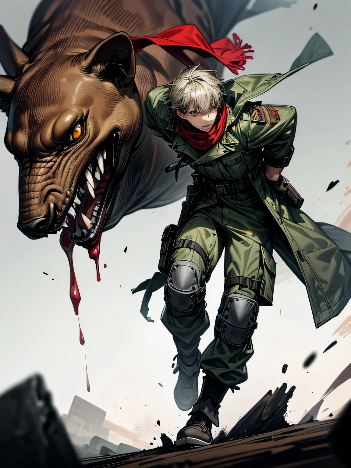 photo , realistically , quality ,There is 1 male.. , 16 years old , Wear a brown-gray camouflage coat.. ,Wrap a red scarf ,Brown pants ,There is a shoulder strap. ,The right leg has a knee pad. ,Wear light green military gloves. , fight jungle shoes, Thick fog , The atmosphere is gloomy. , Zombies , behind , fight
