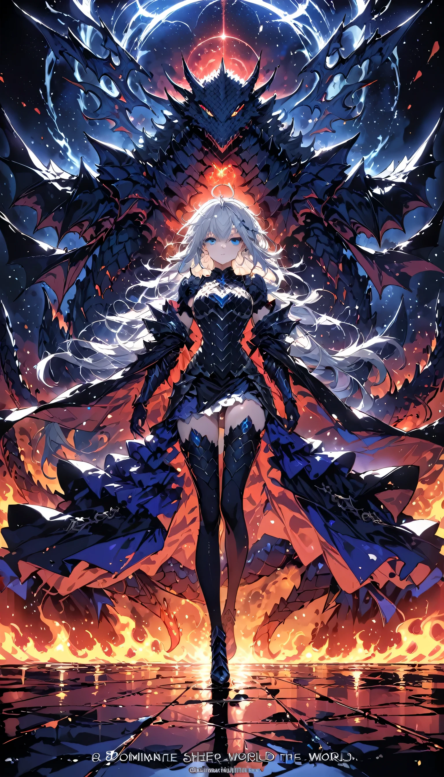 (masterpiece), (highest quality), (High Quality), (8k), girl, (whole body), Dragon Armor, Intricate details, Red glow, Silver short hair, Messy hair in the back, Detailed hair, Bright Blue Eyes, dominate performance, While she rules the world、Walking through more chaotic places, Fire Background, A dragon in the night sky, Boil the aura, (High quality lighting)