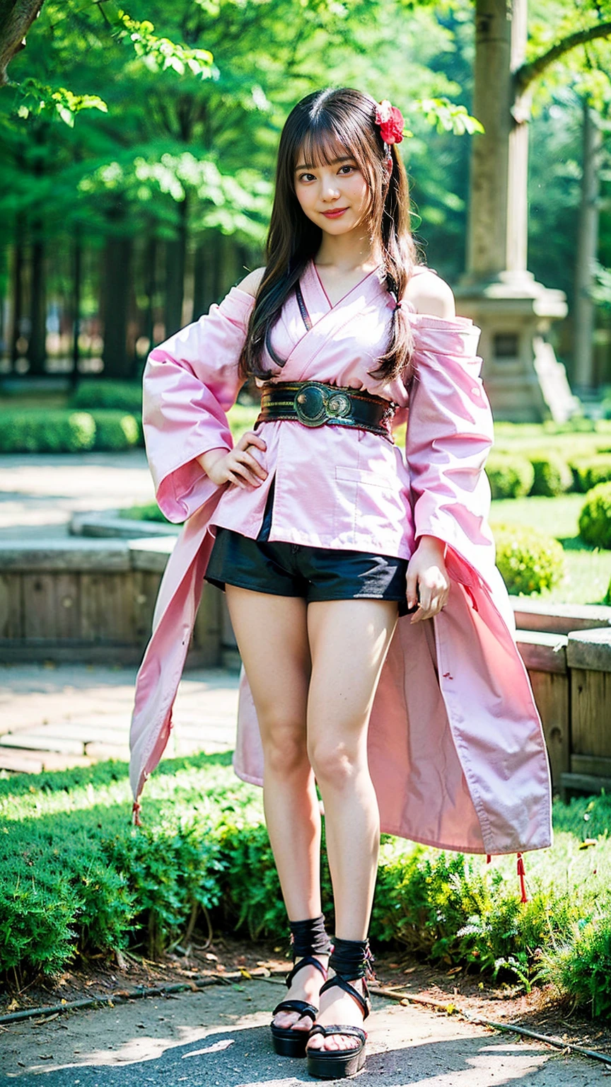 (8k、RAW Photos、highest quality、masterpiece:1.2)、(Realistic、Realistic)、1 girl、((Short shrine maiden costume、smile、Off the shoulder、Pink and black、Long-sleeved kimono、I can see your feet、Shorts、Sandals、garden、Ribbon Belt、Standing with hands on hips))、Lots of eyelashes、Glowing eyelids、skeletally correct