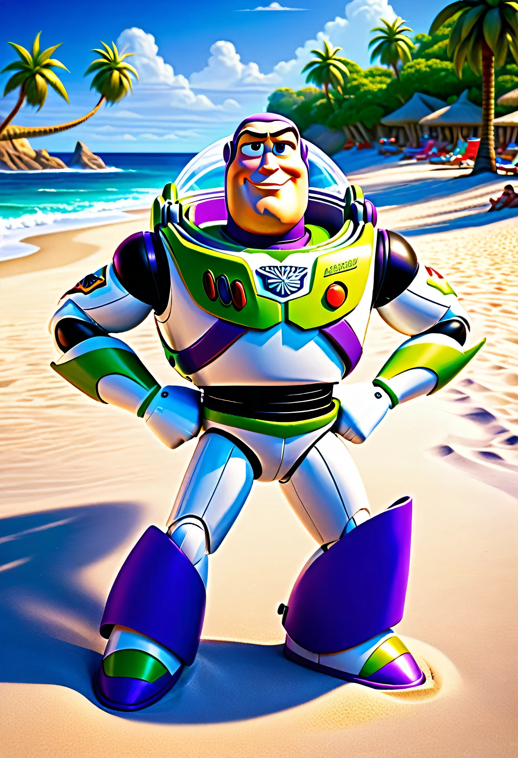a picture of Pixar's Buzz Lightyear (masterpiece, best detailed, best quality: 1.4), lying in the beach (masterpiece, best detailed, best quality: 1.4), he rests under a palm tree, he wears (purple swimsuit: 1.1), he has (sunglasses: 1.1) on, the sea is calm, sandy beach at high noon background, it a sunny day, dynamic range, ultra wide shot, photorealism, depth of field, hyper realistic,