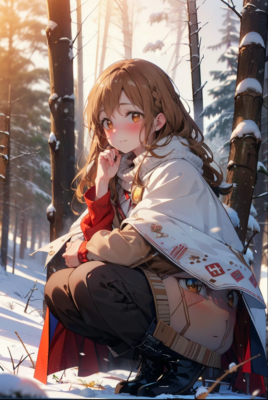 I am Ayuki of the Sun, Sun and Yuki, Long Hair, Brown Hair, (Brown eyes:1.8)Mid-chest,smile,blush,White Breath,
Open your mouth,snow,Ground bonfire, Outdoor, boots, snowing, From the side, wood, suitcase, Cape, Blurred, Increase your meals, forest, White handbag, nature, Squat, Mouth closed, フードed Cape, winter, Written boundary depth, Black shoes, red Cape break looking at viewer, Upper Body, whole body, break Outdoor, forest, nature, break (masterpiece:1.2), highest quality, High resolution, unity 8k wallpaper, (shape:0.8), (Beautiful and beautiful eyes:1.6), Highly detailed face, Perfect lighting, Extremely detailed CG, (Perfect hands, Perfect Anatomy),