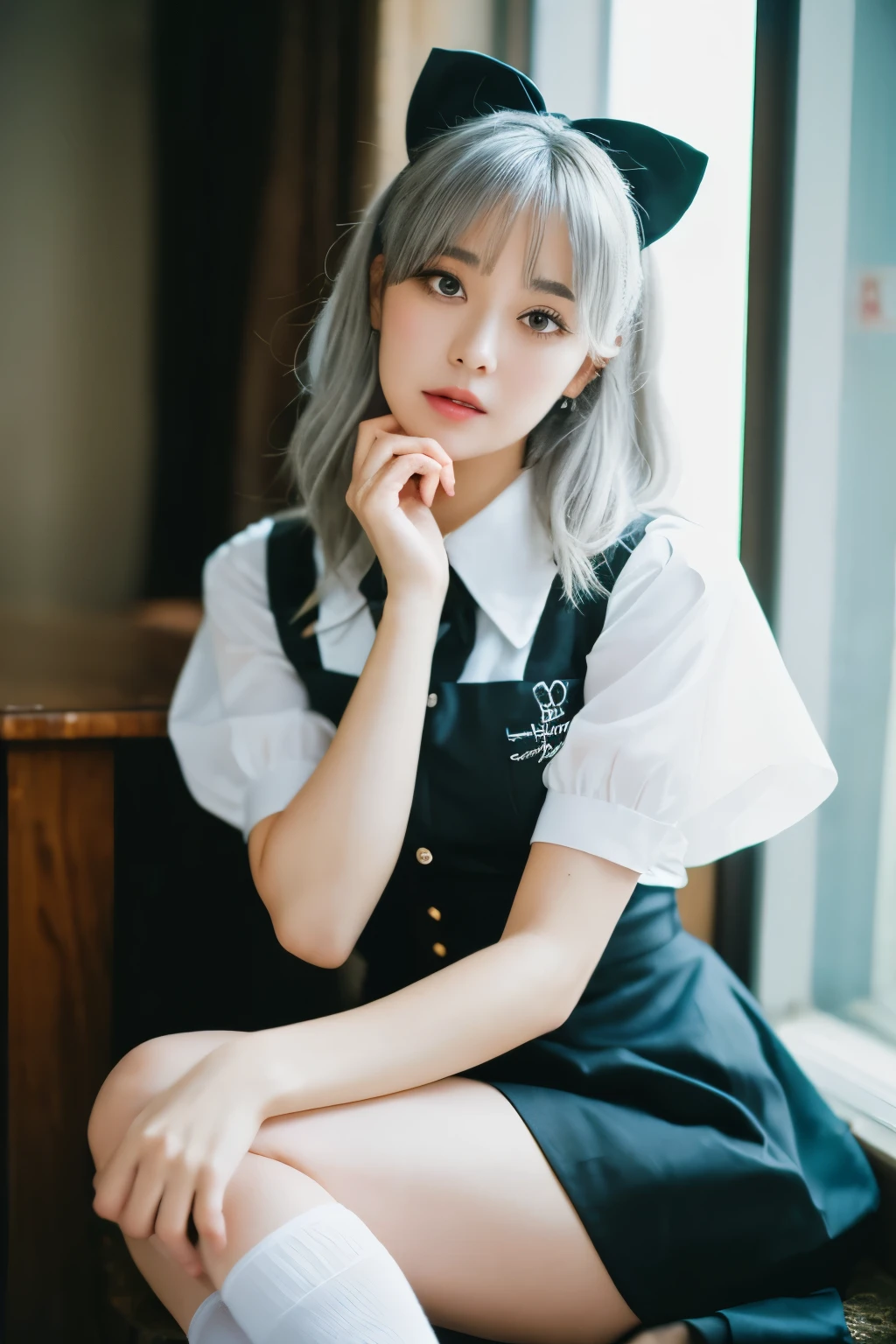 (((masterpiece))), (((highest quality: 1.4))), ((Super detailed: 1.4)) , Ulzzang-6500-v1.1, (RAW Photos:1.2), (Realistic), (See through:1.3), (masterpiece), (Genuine:1.4), Very detailed, Sharp focus, tensura:bright valentine、One beautiful woman, ((Beautiful and shiny silver hair))、Fine grain、Detailed face、((The right eye is red、The left eye is blue))、Gothic ta Maid Clothing、Knee-high socks、