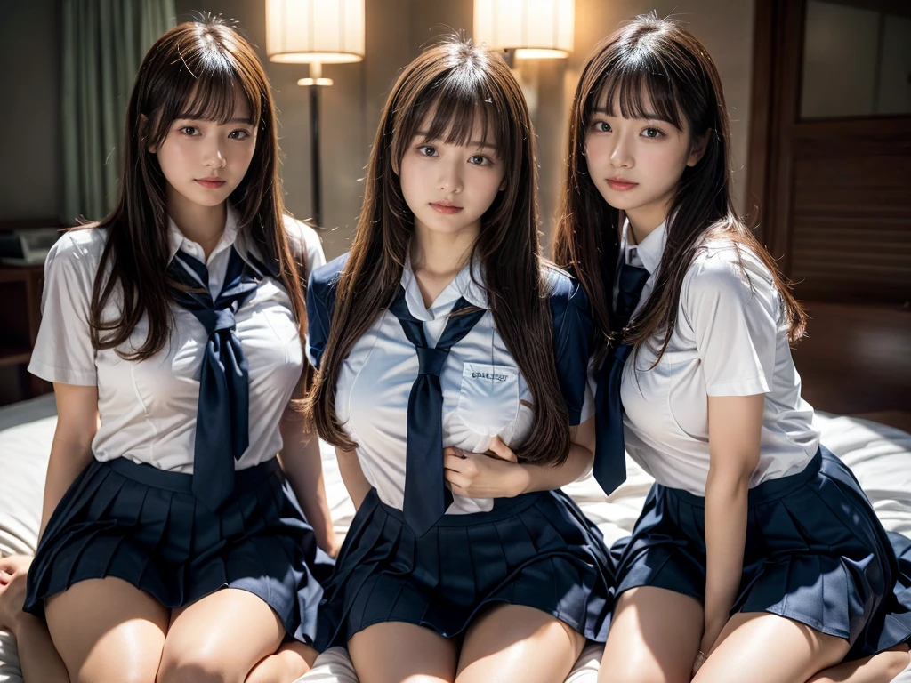 (RAW photo, 4k, masterpiece, high resolution, extremely complex) (realistic: 1.4), cinematic lighting
((2 girls, 2 girls)),Slam Dunk's,blushing,((innocent)),(Dark makeup),bright eyes,round eyes,blunt bangs,(straight hair:1.3),black hair,large breasts,wide hips,Summer Noon, ,Hot, (Best Quality), (Highres), (an Extremely Delicate and Beautiful),(Beautiful 8k face),(Brown eyes),short bob hair,( spectators),(gigantic breasts),(Play with each other,Touching each other's bodies,Touching the body),(Japanese high school uniform:1.3),blue skirt,(reality),bright lighting,(The background is a luxury hotel room)