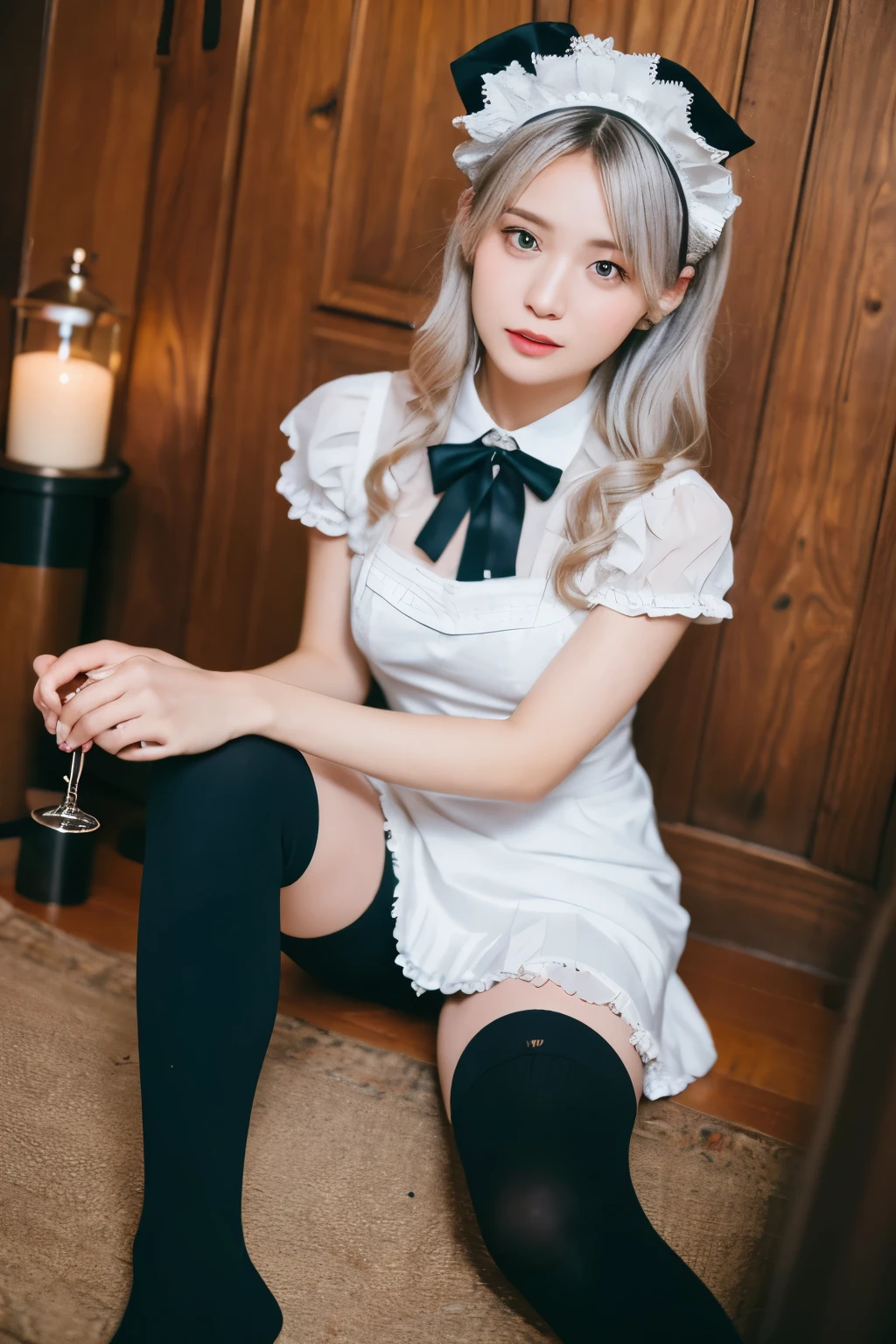 (((masterpiece))), (((highest quality: 1.4))), ((Super detailed: 1.4)) , Ulzzang-6500-v1.1, (RAW Photos:1.2), (Realistic), (See through:1.3), (masterpiece), (Genuine:1.4), Very detailed, Sharp focus, tensura:bright valentine、One beautiful woman, ((Beautiful and shiny silver hair))、Fine grain、Detailed face、((The right eye is red、The left eye is blue))、Gothic ta Maid Clothing、Knee-high socks、