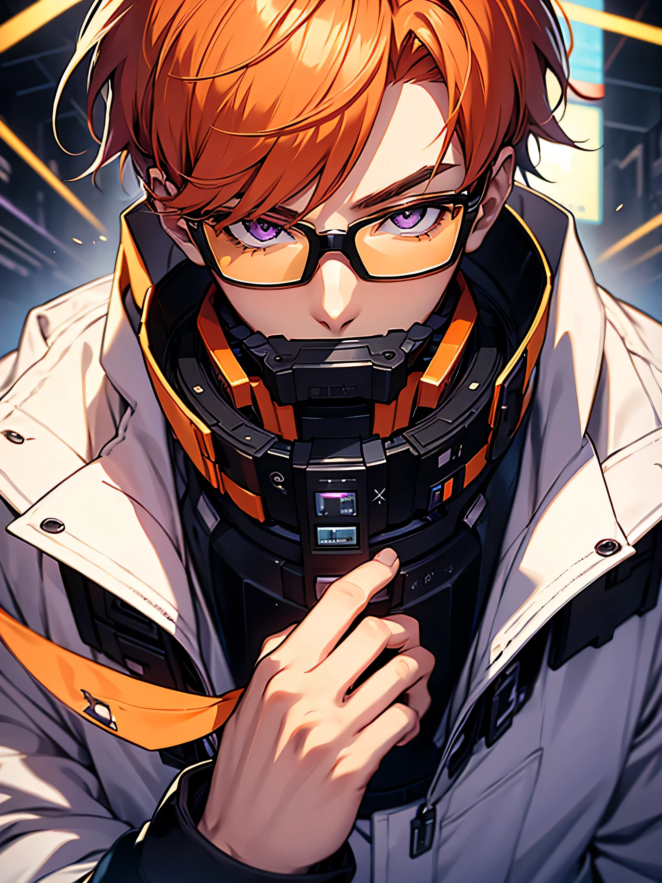 illustration of an orange-haired male character with a Korean hairstyle, purple eyes, and glasses. His personality is INTJ and he is interested in technology.