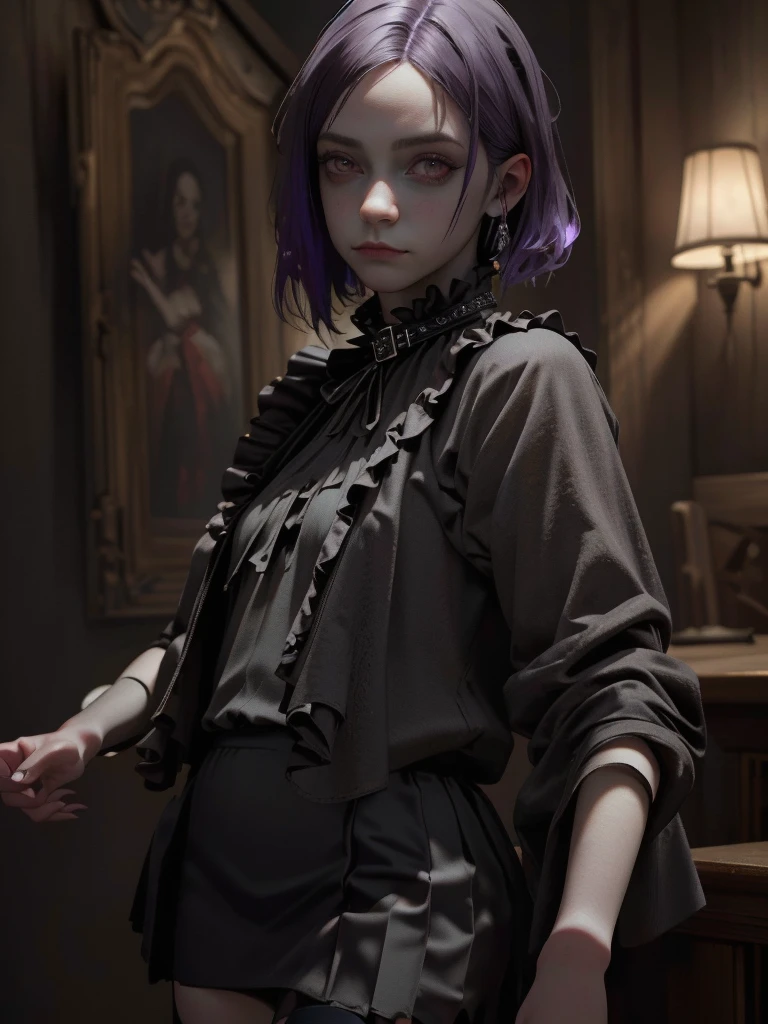 a gothic creepy horror clown girl, detailed face, porcelain skin, dark makeup, purple hair, black and white striped stockings, ruffle collar, grungy dark circus atmosphere, (best quality,4k,8k,highres,masterpiece:1.2),ultra-detailed,(realistic,photorealistic,photo-realistic:1.37),chiaroscuro lighting,moody colors,surreal,dark fantasy,cinematic,fullbody