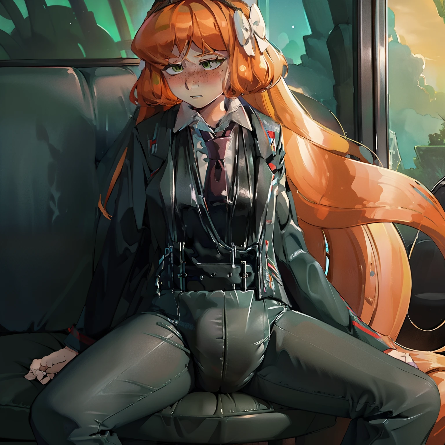 (masterpiece, top quality, best quality, highly detailed:1.2), colorful, 1girl, solo, diapers, bottom angle, messing, scared face, Ishmael_limbus, blushing, (masterpiece, best quality), illustration, Ishmael_limbus, default_outfit, green eyes, inside a bus sitting on a chair, thick diaper, pants