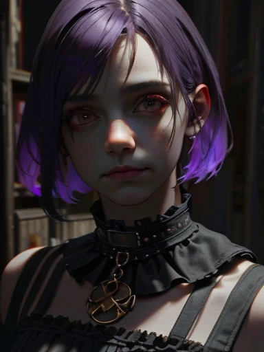 a gothic creepy horror clown girl, detailed face, porcelain skin, dark makeup, purple hair, black and white striped stockings, ruffle collar, grungy dark circus atmosphere, (best quality,4k,8k,highres,masterpiece:1.2),ultra-detailed,(realistic,photorealistic,photo-realistic:1.37),chiaroscuro lighting,moody colors,surreal,dark fantasy,cinematic,fullbody
