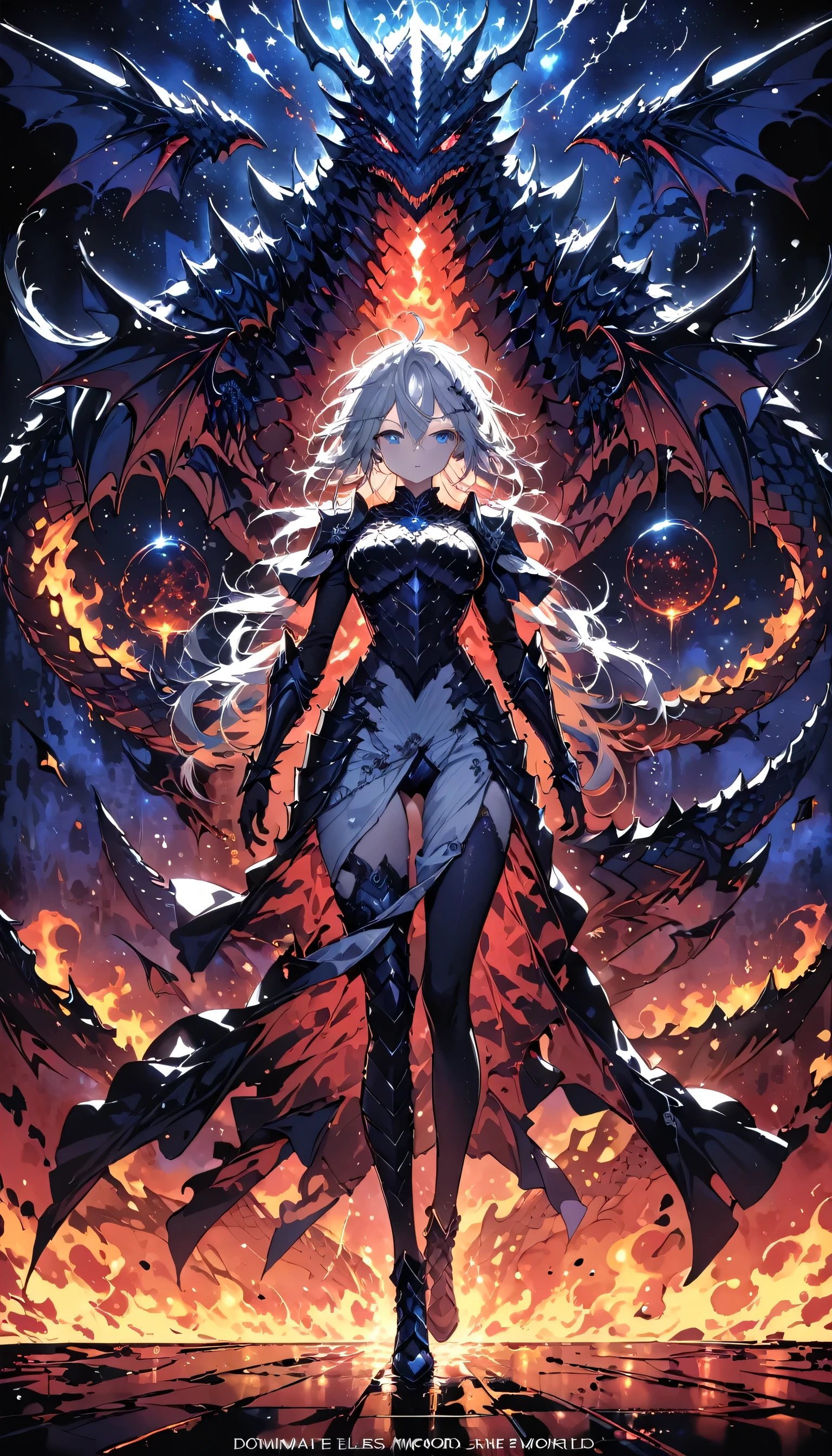 (masterpiece), (highest quality), (High Quality), (8k), girl, (whole body), Dragon Armor, Intricate details, Red glow, Silver short hair, Messy hair in the back, Detailed hair, Bright Blue Eyes, dominate performance, While she rules the world、Walking through more chaotic places, Fire Background, A dragon in the night sky, Boil the aura, (High quality lighting)