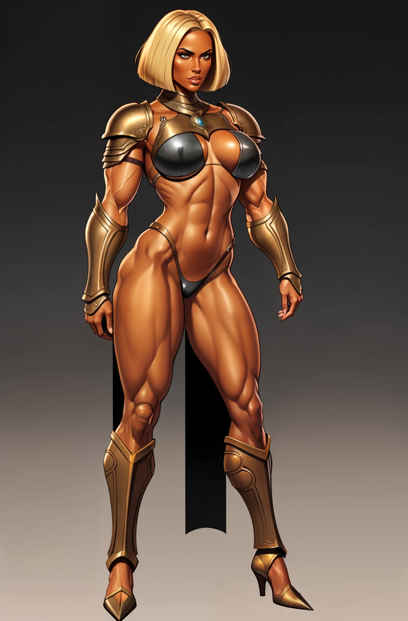 bronze skin, tanned, gorgeous woman, full body shot, muscular, blank background, black background, blonde, heavy armour, bobcut