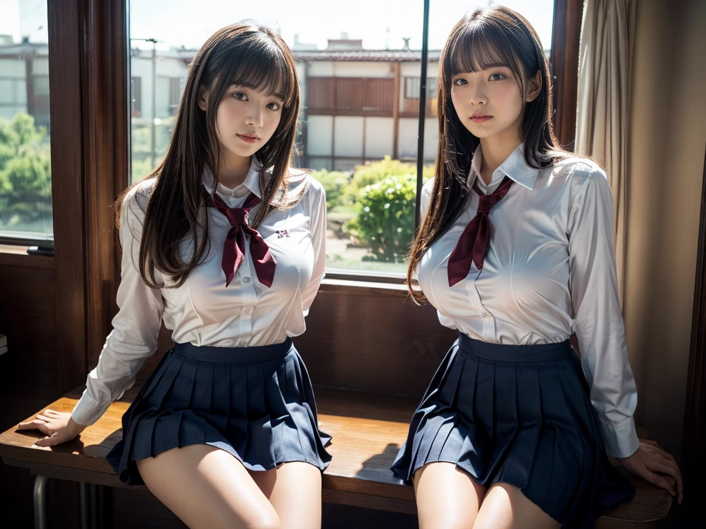 (RAW photo, 4k, masterpiece, high resolution, extremely complex) (realistic: 1.4), cinematic lighting
((2 girls, 2 schoolgirls)),Slam Dunk's,blushing,((innocent)),(Dark makeup),bright eyes,round eyes,blunt bangs,(straight hair:1.3),black hair,large breasts,wide hips,Summer Noon, ,Hot, (Best Quality), (Highres), (an Extremely Delicate and Beautiful),(Beautiful 8k face),(Brown eyes),short bob hair,( spectators),(gigantic breasts),(Play with each other,Touching each other's bodies,Touching the body),(Japanese high school uniform:1.3),blue skirt,(reality),bright lighting,(The background is a luxury hotel room)