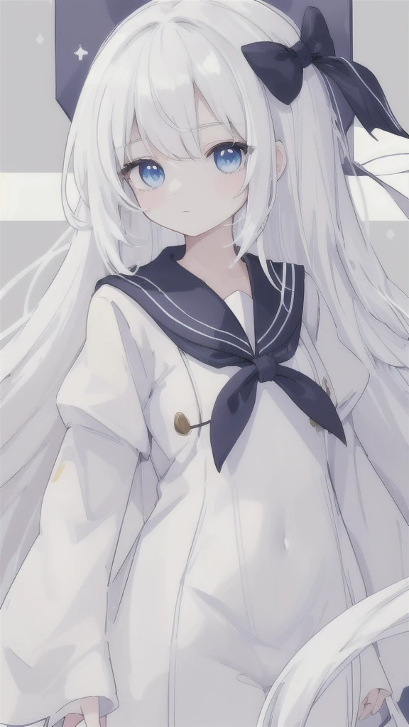 Long white hair,dark blue eyes,White sailor suit