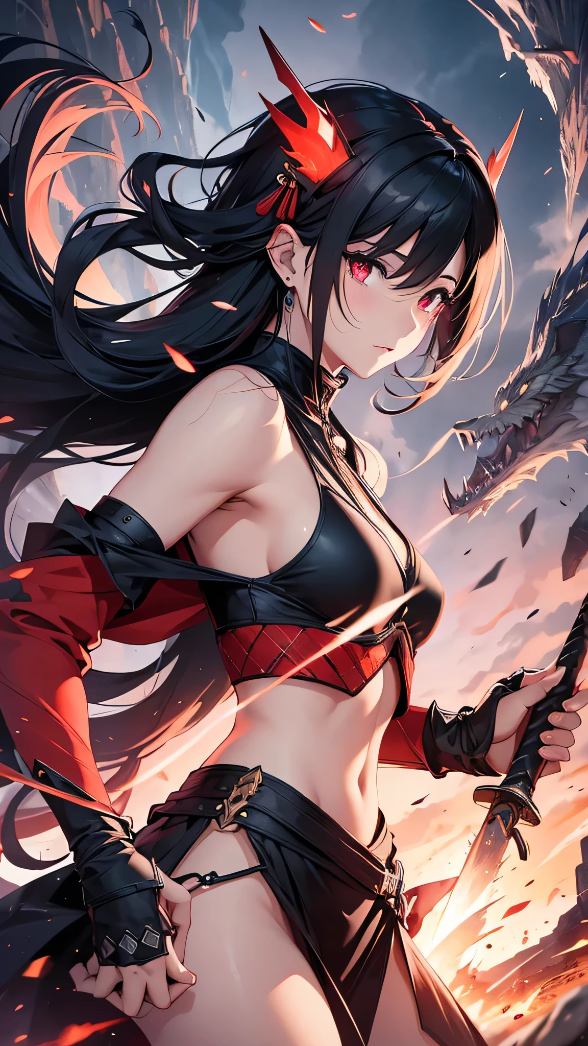 Highest quality、Highest quality、Masterpiece、girl((Age 25、as soon as、Highest Bust、Medium Bust、Wide open chest、Red glowing eyes、Black Ear、Red Mesh、Disheveled Hair、Loincloth、thin、The best valley、Open chest、Luminous Wristbands、hair ornaments、Full body view、Tank top、Black Shirt、Black trousers、scar、Full body scar、Fighting Pose,Japanese sword、A little muscular、Watery eye、Tears))、high quality、Beautiful Art、background((night、Ninja World,volcano))、flight、Flying Debris、Depth of text、movie、Visual Arts、Perfect Art、8K、Genuine、