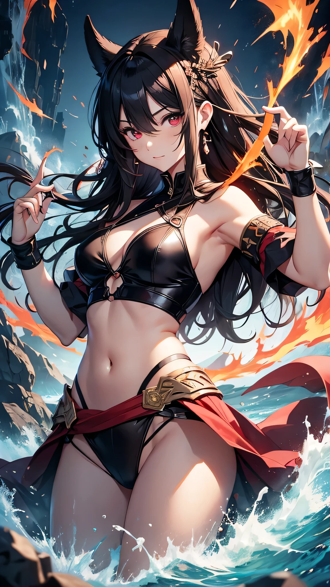 Highest quality、Highest quality、Masterpiece、girl((Age 25、as soon as、Highest Bust、Medium Bust、Wide open chest、Red glowing eyes、Black Ear、Red Mesh、Disheveled Hair、Loincloth、thin、The best valley、Open chest、Luminous Wristbands、hair ornaments、Full body view、Tank top、Black Shirt、Black trousers、scar、Full body scar、Fighting Pose,Japanese sword、A little muscular、Watery eye、Tears))、high quality、Beautiful Art、background((night、Ninja World,volcano))、flight、Flying Debris、Depth of text、movie、Visual Arts、Perfect Art、8K、Genuine、