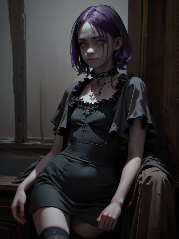 a gothic creepy horror clown girl, detailed face, porcelain skin, dark makeup, purple hair, black and white striped stockings, ruffle collar, grungy dark circus atmosphere, (best quality,4k,8k,highres,masterpiece:1.2),ultra-detailed,(realistic,photorealistic,photo-realistic:1.37),chiaroscuro lighting,moody colors,surreal,dark fantasy,cinematic,fullbody