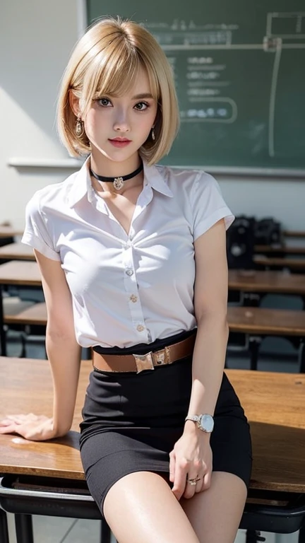 (8k,high resolution, Masterpiece, best quality, alone, complicated details, Chromatic aberration), realistic, ((small breasts)), hair in one eye, purple eyes, big round hoop earrings, sharp eyes, Choker decorated with diamonds, (symmetrical eyes), (Perfect symmetrical body), Photo of a beautiful 21 year old teenage girl.,(fit the body), Beautiful and charming with contemporary fashion paintings as well, looking at the audience, ((Behind the scenes of a large classroom)), (black short skirt), ((wore a white short-sleeved shirt), (Unbuttoning all the buttons), (Revealing breast)), ((A short black pencil skirt), a deep slit on the side), (double Square head leather belt), ((Put your hands down.)), (Golden blonde bob Short hair, bangs to the side. Copper blonde hair) , (Sit with your legs open), sharp eyeliner, Blush eyeshadow with thick eyelashes, Very delicate and beautiful, round chin, Sharp focus, elegant, sit legs open on the study table Lift one leg , (The legs are spread apart) , dynamic gesture, soft breasts, saggy breasts.