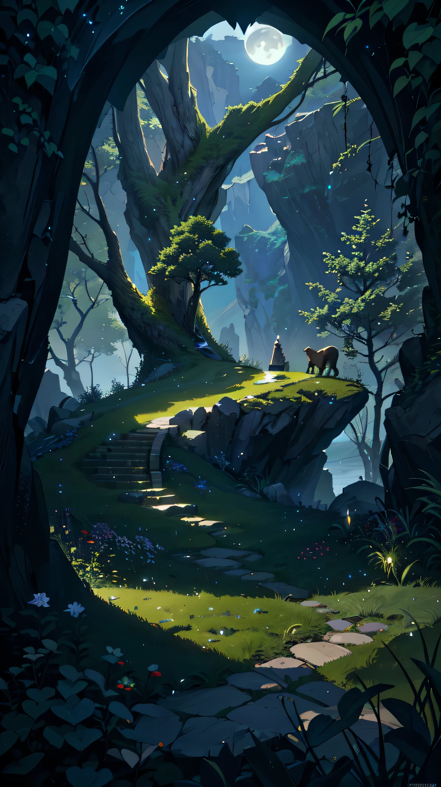 dark night, moon, garden, tree, rock, arch, corners, tree, Vision, grass, rock, Cliff , (illustration: 1.0) , Narrative composition, HD detail, masterpiece, best quality, (Highly detailed CG Unity 8K wallpapers)