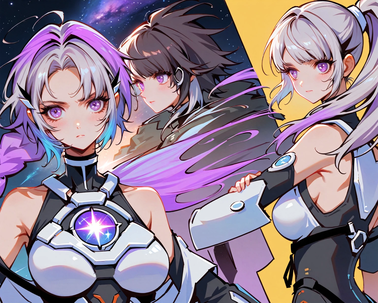 (男孩和女孩Separation，Reluctantly，Separation，The boy is on the left，Girl on the right)，1boy，Black short hair，Future Tech ArmorBREAK 1girl, (Purple and White Ombre Long Ponytail), (There is a tuft of dark purple hair on the forehead, Colorful hair), (Deep purple eyes)，White mecha suitBREAK Black mecha dress, The figure is located in the center，Magnificent space image scenes，Shine under the stars，Anatomically correct，Simple and elegant，Smooth line strokes，Bright colors，Ultra high saturation，Minimalism, anime, Ghibli-like colours, projected inset，Medium shot，Waist Shot(WS)，1yj1，yinji