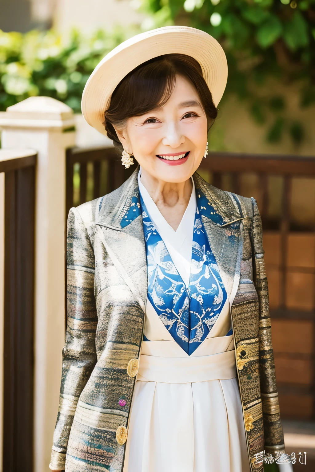 87 years old、smile、beautiful、The elegant and sophisticated clothing of the upper class of Chosun、Shining eyes、stare、