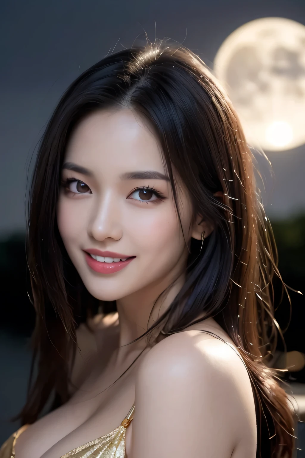 Body portrait, 8K, thin and beautiful eyes, Dindal effect, masterpiece, top quality, high quality, high resolution, very detailed photo, (natural skin texture, fine skin, hyper realism, super sharpness), high detail skin, (very fine) ), fine skin texture, fine detail, beautiful face, (realistic face), realistic eyes, beautiful and detailed eyes, realistic skin, beautiful skin, surreal, high definition Golden ratio, double eyelids, cute smile, smiling, bursting with laughter, smiling eyes, ((moonlight background at night)) ), body portrait, G cup, big breasts, big breasts, big breasts, glamorous, sexy knit dress,