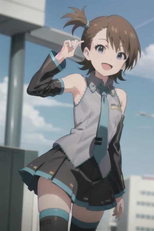 solo, 1girl, ami futami, miku outfit, sleeveless shirt, grey shirt, detached sleeves, necktie, arm tattoo, skirt, thighhighs, thigh boots, looking at viewer, smile, :d