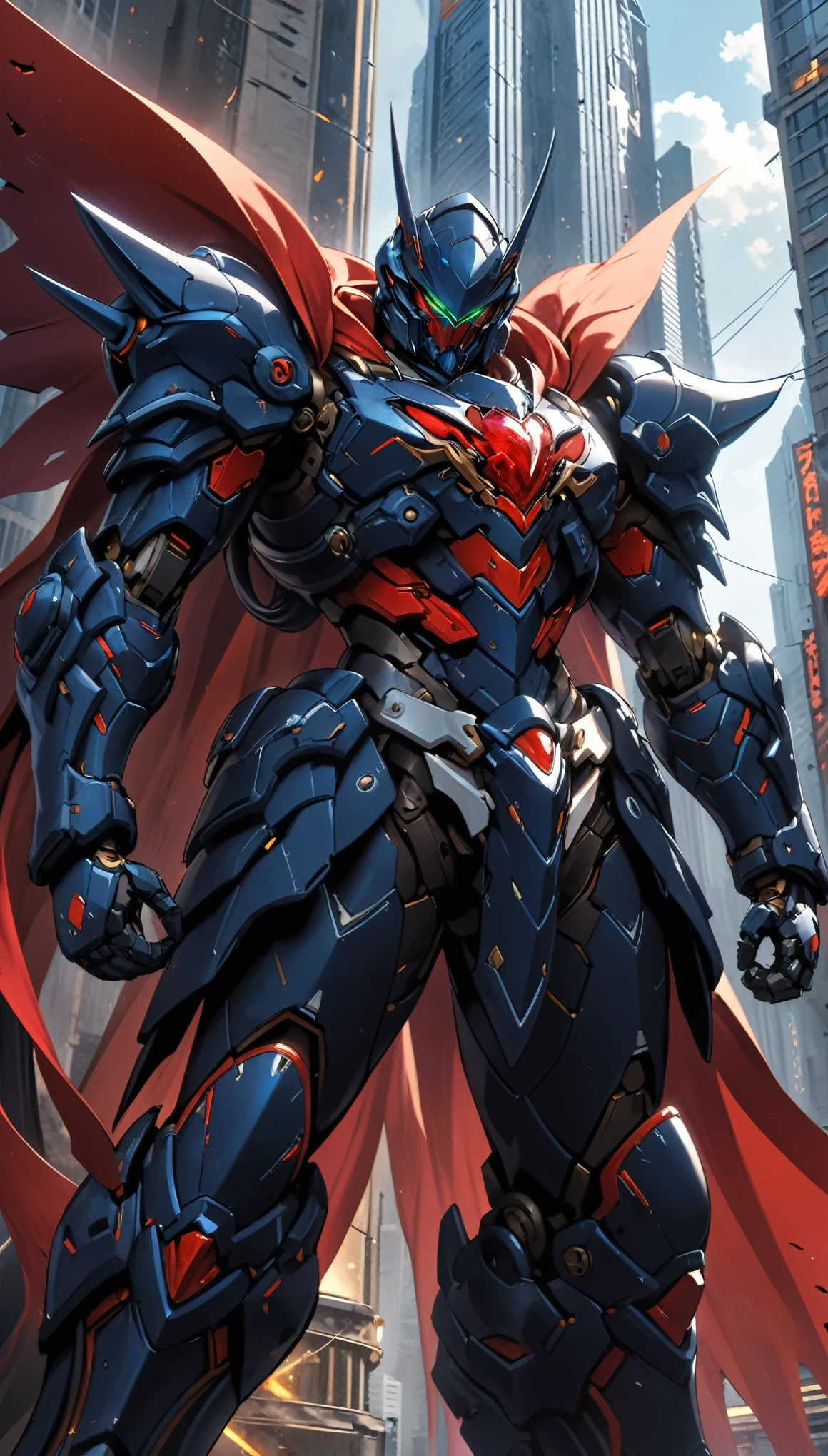 A man wearing a full-face helmet, a fantasy-style biotech armored combat suit, green eyes, (a composite layered chest armor), fully enclosed shoulder guards, matching arm and leg guards, the belt is adorned with fangs biting into gemstone, (the color scheme is primarily blue with black and red accents), the design balances heavy with agility, a high-tech bio-mecha armor, (Armor Concept Inspired by Vampire, the huge cape fluttering in the wind, stand on the top of a skyscraper in a futuristic sci-fi city), this character embodies a finely crafted fantasy-surreal style armored hero in anime style, exquisite and mature manga art style, (battle damage, element, blood, plasma, energy, the armor glows), ((male:1.5)), metallic, real texture material, dramatic, high definition, best quality, highres, ultra-detailed, ultra-fine painting, extremely delicate, professional, perfect body proportions, golden ratio, anatomically correct, symmetrical face, extremely detailed eyes and face, high quality eyes, creativity, RAW photo, UHD, 32k, Natural light, cinematic lighting, masterpiece-anatomy-perfect, masterpiece:1.5