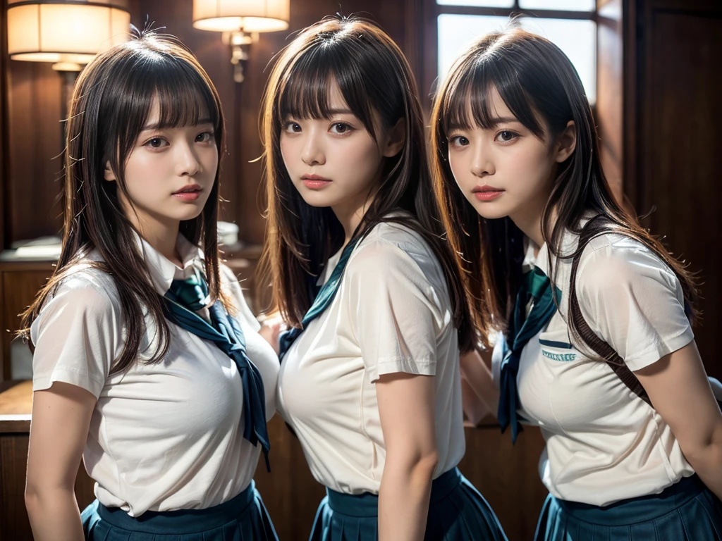 (RAW photo, 4k, masterpiece, high resolution, extremely complex) (realistic: 1.4), cinematic lighting
 ((2 girls, 2 schoolgirls)),Slam Dunk's,blushing,((innocent)),(Dark makeup),bright eyes,round eyes,blunt bangs,(straight hair:1.3),black hair,large breasts,wide hips,Summer Noon, ,Hot, (Best Quality), (Highres), (an Extremely Delicate and Beautiful),(Beautiful 8k face),(Brown eyes),short bob hair,( spectators),(gigantic breasts),(Play with each other,Touching each other's bodies,Touching the body),(Japanese high school uniform:1.3),blue skirt,(reality),bright lighting,(The background is a luxury hotel room)