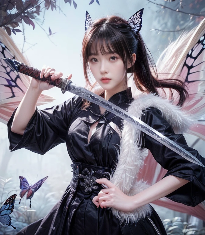 Girl with sword and butterfly in hair, demon slayer rui Fan art, she is holding a knife sword, Hinata Hyuga, Demon Slayer Art Style, marin kitagawa Fan art, knife, detailed Fan art, Fan art, highly detailed exquisite Fan art, Amazing 8k, official Fan art, Beautiful and detailed art, Official Art