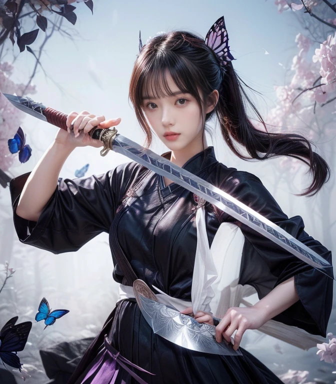 Girl with sword and butterfly in hair, demon slayer rui Fan art, she is holding a knife sword, Hinata Hyuga, Demon Slayer Art Style, marin kitagawa Fan art, knife, detailed Fan art, Fan art, highly detailed exquisite Fan art, Amazing Anime 8K, official Fan art, Beautiful and detailed art, Official Art