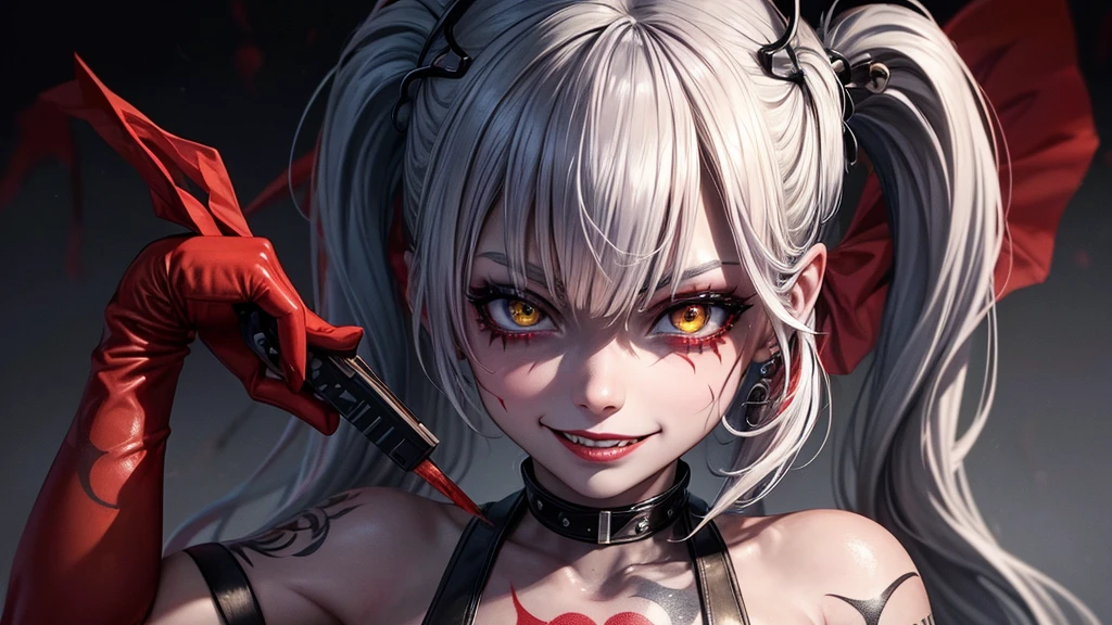tattoo girl, very beautiful, murderous, Harley Quinn, crazed look, dark background, 8K, dynamic wallpaper, very delicate, very dense, creepy smile, close up to camera, yellow prom dress with blood splotches on the dress, prom background, 