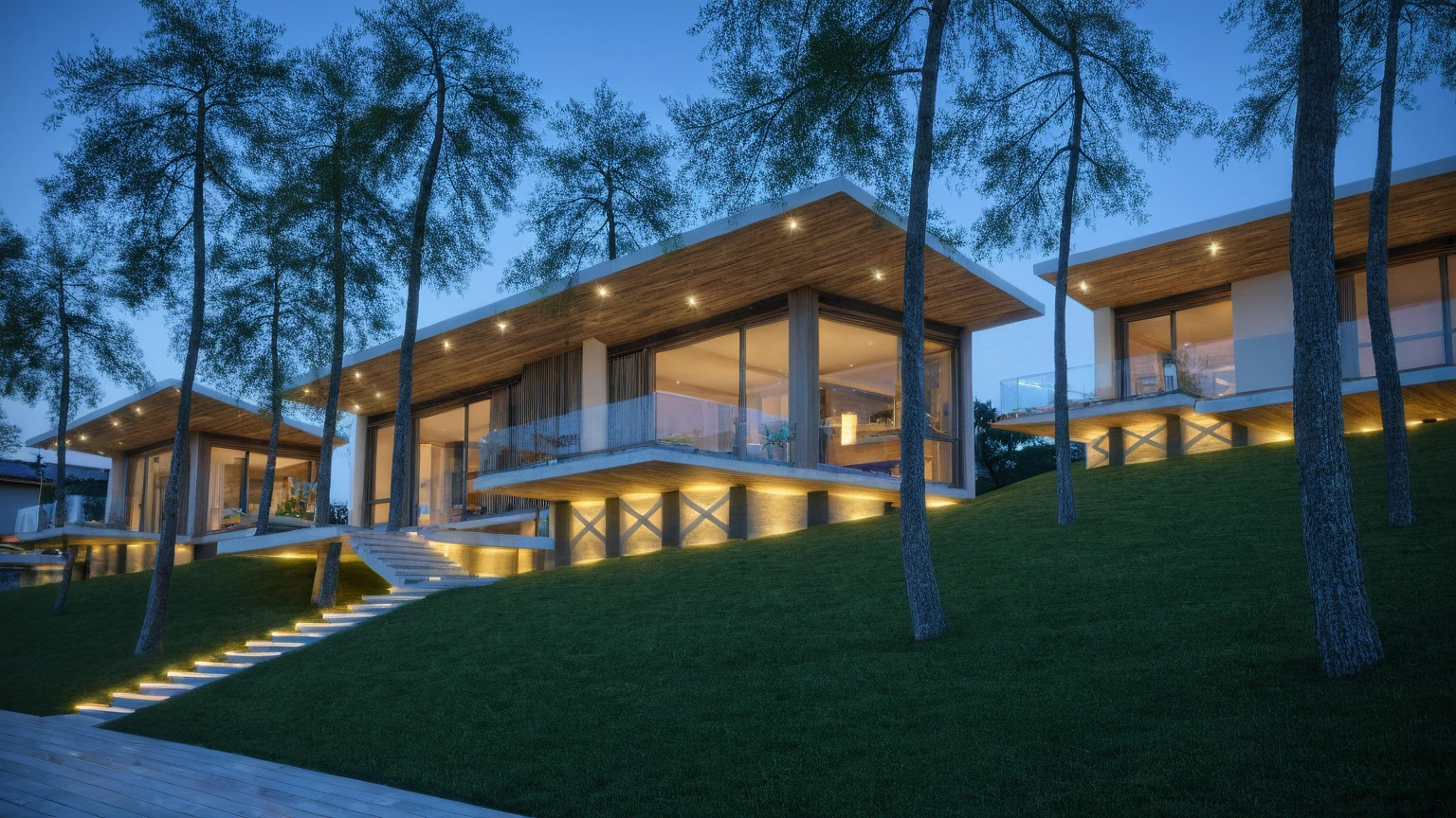 (modern villa facade design), The villa leans on the wall of a grassy hill, (modern villa design exterior), (white wall), (light illuminates the designer's facade), (night light design exterior), (style architectural visualization), (xingfa window), (frames glass), (architectural design visualization), (reflection), (focus on object), (chao vantage software visualization render),(((Best Quality))), ((Masterpiece)), ((best illustration)), ((best shadows)), ((Super Detail)), (Intricate lines), (Photorealism),(hyper detail), ((archdaily)), ((award winning design)), (dynamic light), spotlight, (perfect light), (shimering light), ((photorealistic)), ((intricate detail)), ((extreme detail)), ((crazy detail)), ((octane render)), ((trending on artstation)), ((High-fidelity)), ((Viwvid)), ((Crisp)), ((Bright)), ((Stunning)), ((Eye-catching)), ((High-quality)),((Sharp))((Bright)), ((Stunning)), ((dawn sun light environment)), ((Eye-catching)), ((Illuminating)), ((Flawless)), ((High-quality)),((Sharp edge render)), ((medium soft lighting)), ((photographic render)), ((detailed archviz)), ((reality environment))