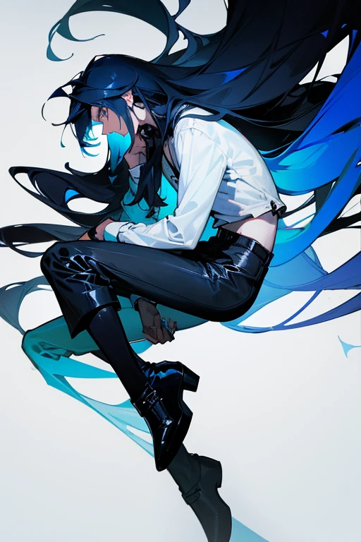 (masterpiece), (best quality),1 boy,19 year old male, (angle),Messy,Dark blue hair,(long hair), White complexion, handsome, Black eyeshadow,(Low contrast),(Flat Color:0.7),Blue top,black trousers,Black leather boots
