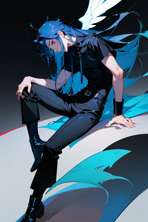 (masterpiece), (best quality),1 boy,19 year old male, (angle),Messy,Dark blue hair,(long hair), White complexion, handsome, Black eyeshadow,(Low contrast),(Flat Color:0.7),Blue top,black trousers,Black leather boots