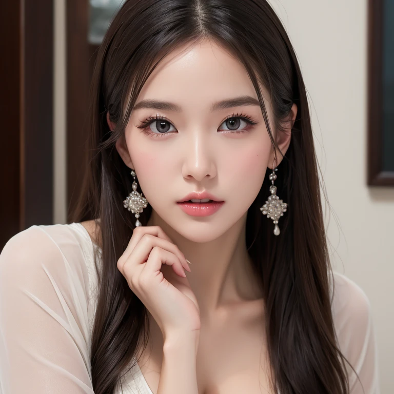 charming, detailed, extremely detailed, detailed face, Soft Light，perfect，Face, beautiful, 8K, 4k, (high resolution:1.1), best quality, (masterpiece:1.3), beautiful女孩,beautiful eyes, looking at the audience, Black，seductive cleavage，The buttocks are beautifully lined，earrings,  Bangs, long hair, Headrest, Lips, hair,eyelash，Sexy Kimono，Sexy pose on the wall，，Hands on the wall，Buttocks lift，后背charming，