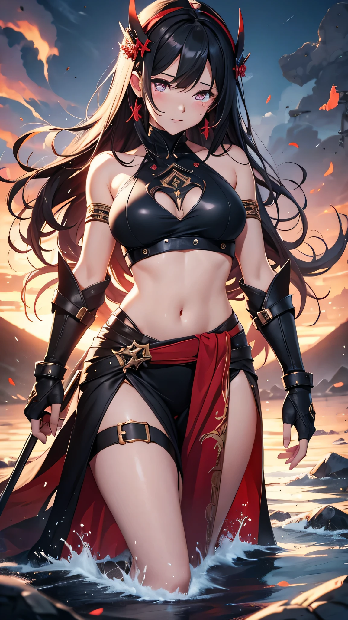 Highest quality、Highest quality、Masterpiece、girl((Age 25、as soon as、Highest Bust、Medium Bust、Wide open chest、Red glowing eyes、Black Ear、Red Mesh、Disheveled Hair、Loincloth、thin、The best valley、Open chest、Luminous Wristbands、hair ornaments、Full body view、Black Shirt、Black trousers、scar、cell phone、A little muscular、Watery eye、Tears))、high quality、Beautiful Art、background((night、Ninja World,volcano))、flight、Flying Debris、Depth of text、movie、Visual Arts、Perfect Art、8K、Genuine、