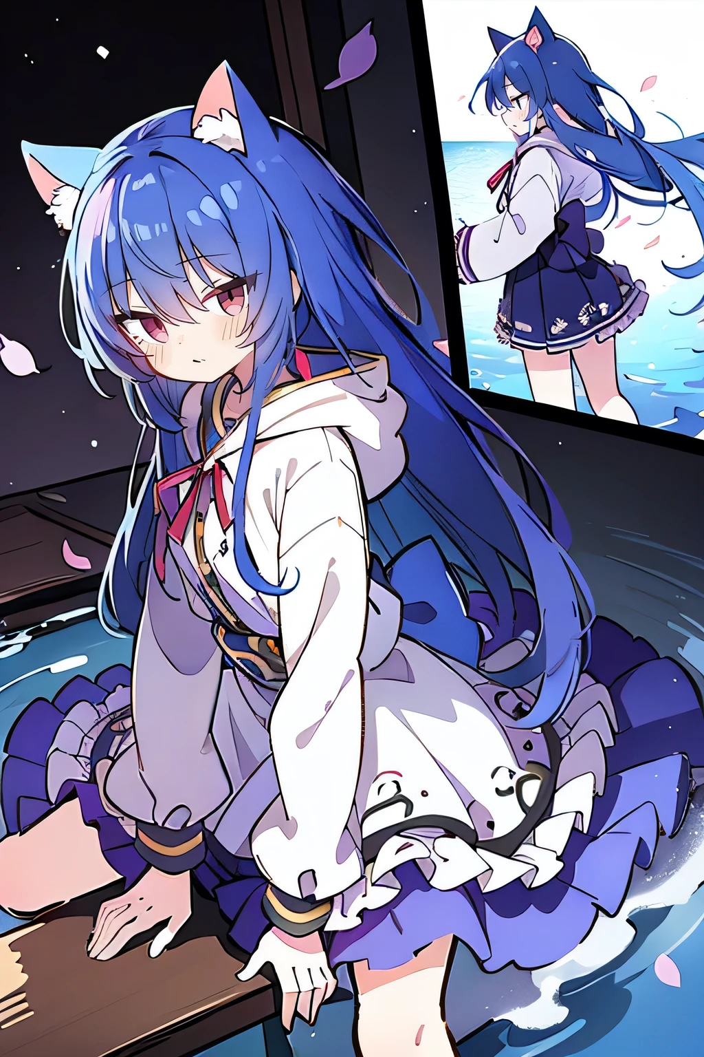 （masterpiece：1.2），Super detailed，lifelike，Expressive eyes，fair skin，perfect face shape，1 girl，
Japanese comics,Gorgeous blue hair,flowing blue hair,flowing clothes,Cat ears,Petals fall,beautiful lola,Baby Angel,
Shaking head with one hand，Cross your legs，Gentle and peaceful background，The pavilion is cool and comfortable,smile, wearing hoodie, background of tokyo,back views,snowing, winter,lie on the water.