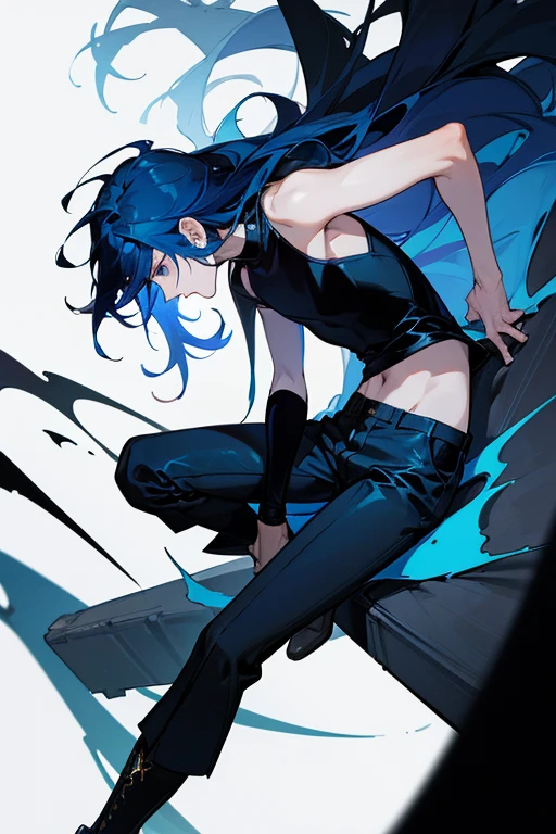 (masterpiece), (best quality),1 boy,19 year old male, (angle),Messy,Dark blue hair,(long hair), White complexion, handsome, Black eyeshadow,(Low contrast),(Flat Color:0.7),Blue top,black trousers,Black leather boots,demon