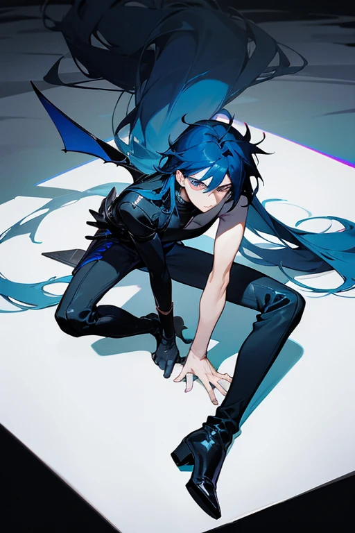 (masterpiece), (best quality),1 boy,19 year old male, (angle),Messy,Dark blue hair,(long hair), White complexion, handsome, Black eyeshadow,(Low contrast),(Flat Color:0.7),Blue top,black trousers,Black leather boots,demon