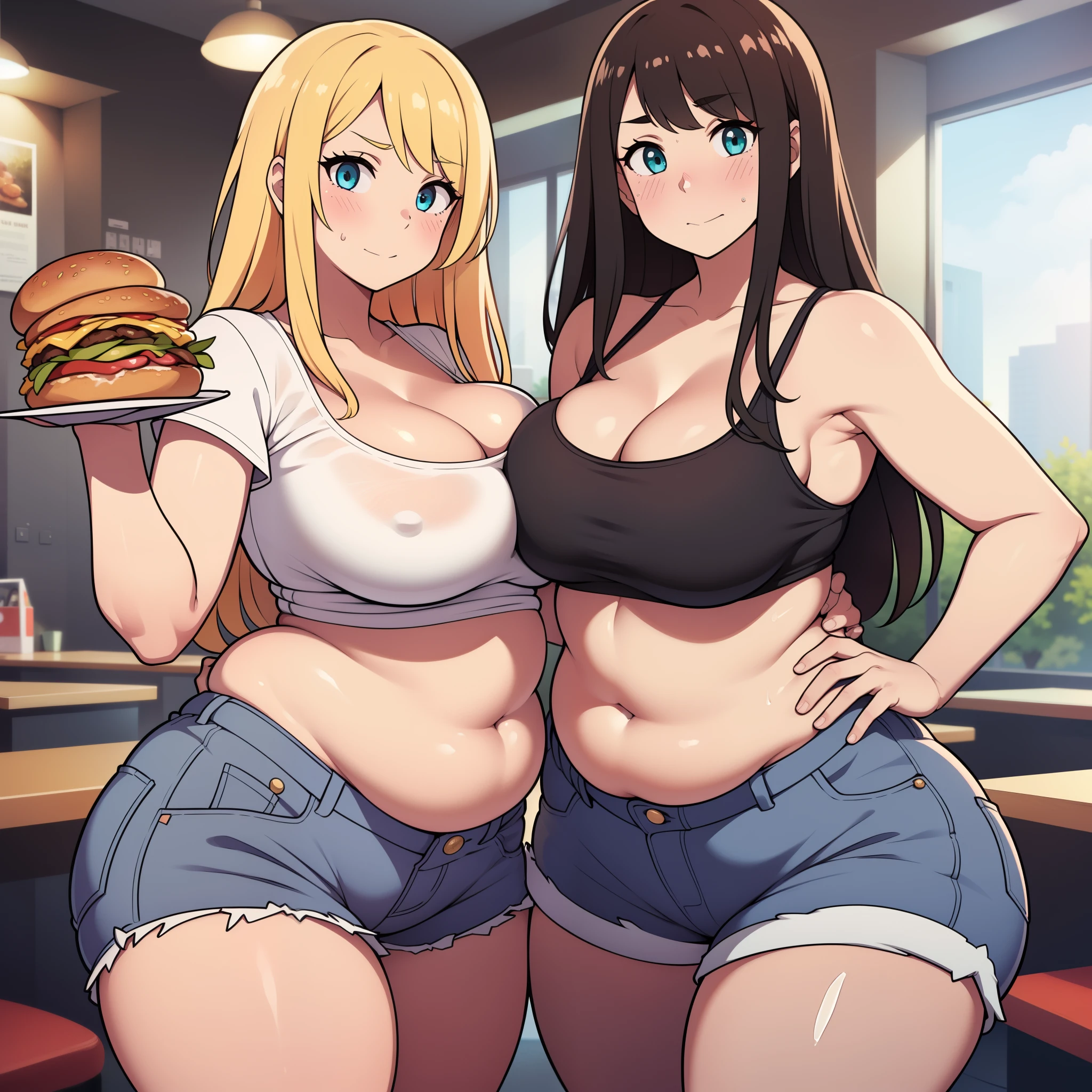 ((highres)), Masterpiece, high quality, best quality, beautiful, perfect lighting, detailed face, ultra cute face, ((2girls)), ((blush)), embarrassed, one girl has blonde hair, blue eyes, crop top and shorts, one girl has brown hair, green eyes, jeans, white shirt, fast food restaurant, cleavage, medium breasts, ((wide hips)), (thick thighs), ((plump)), chubby belly, ((belly grab)), fat folds, facing each other, 