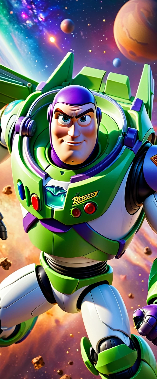 1male\((Buzz Lightyear\(Toy Story,Diseny,Pixar\)),(attacking viewer by gun from his arm),serious face,green armor,spacesuit,mechanical wing,small swirl at chin\), BREAK ,(background\(((beautiful cosmic)),milkyway,galaxy\)), BREAK ,quality\(8k,wallpaper of extremely detailed CG unit, ​masterpiece,hight resolution,top-quality,top-quality real texture skin,hyper realisitic,increase the resolution,RAW photos,best qualtiy,highly detailed,the wallpaper\),((super cool pose)),dynamic angle,he is the HERO