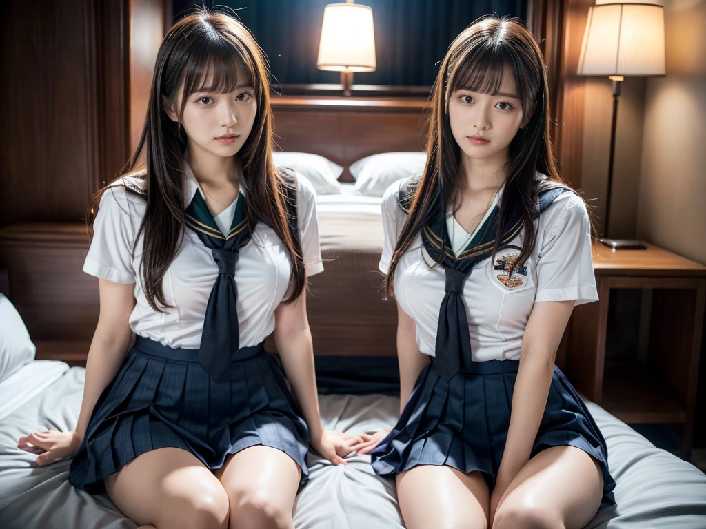 (RAW photo, 4k, masterpiece, high resolution, extremely complex) (realistic: 1.4), cinematic lighting
((2 girls, 2 schoolgirls)),Slam Dunk's,blushing,((innocent)),(Dark makeup),bright eyes,round eyes,blunt bangs,(straight hair:1.3),black hair,large breasts,wide hips,Summer Noon, ,Hot, (Best Quality), (Highres), (an Extremely Delicate and Beautiful),(Beautiful 8k face),(Brown eyes),short bob hair,( spectators),(gigantic breasts),(Play with each other,Touching each other's bodies,Touching the body),(Japanese high school uniform:1.3),blue skirt,(reality),bright lighting,(The background is a luxury hotel room)