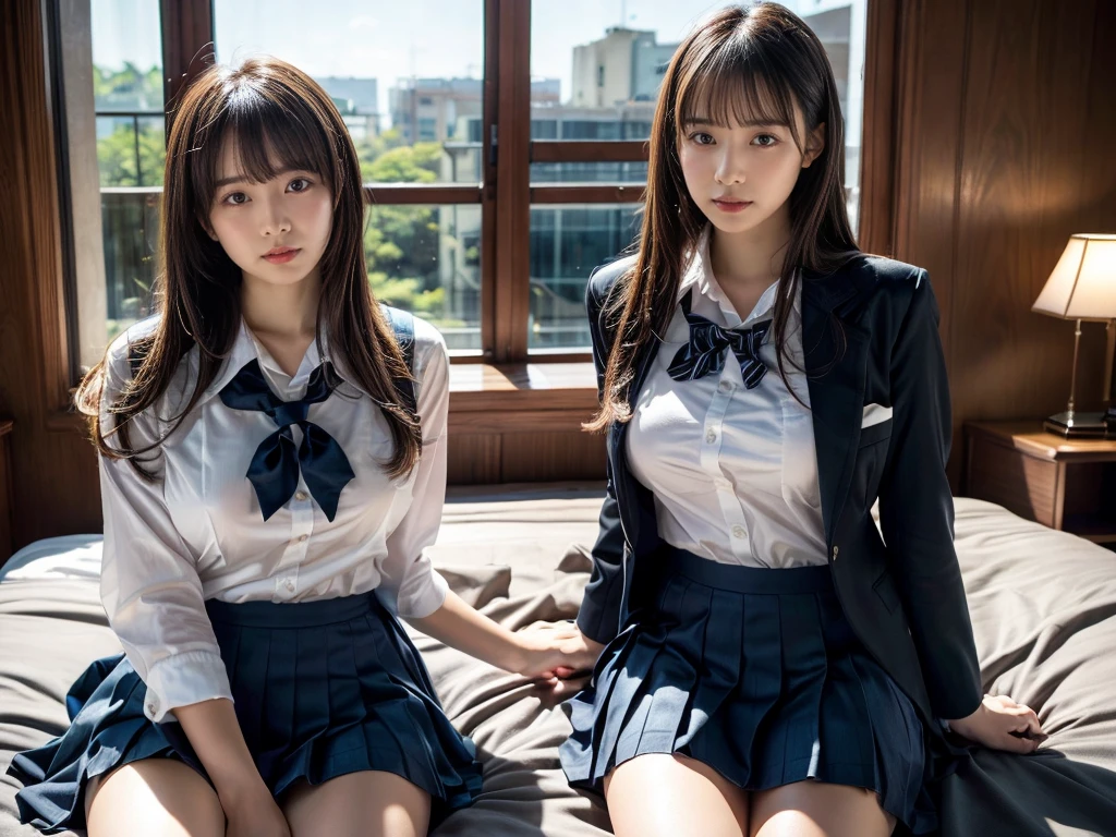 (RAW photo, 4k, masterpiece, high resolution, extremely complex) (realistic: 1.4), cinematic lighting
 ((2 girls, 2 schoolgirls)),Slam Dunk's,blushing,((innocent)),(Dark makeup),bright eyes,round eyes,blunt bangs,(straight hair:1.3),black hair,large breasts,wide hips,Summer Noon, ,Hot, (Best Quality), (Highres), (an Extremely Delicate and Beautiful),(Beautiful 8k face),(Brown eyes),short bob hair,( spectators),(gigantic breasts),(Play with each other,Touching each other's bodies,Touching the body),(Japanese high school uniform:1.3),blue skirt,(reality),bright lighting,(The background is a luxury hotel room)