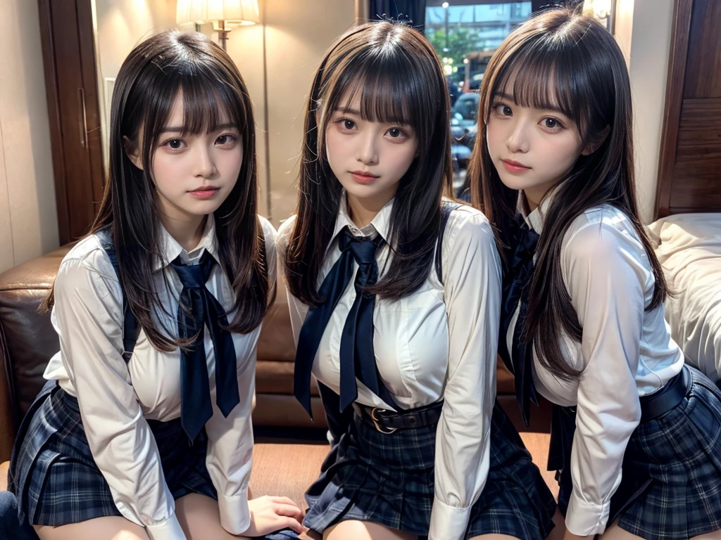 (8K, Raw photography, top-quality, masterpiece:1.2), master piece, best quality, illustration, Super detailed, fine details, High resolution, 8K,wall paper, perfect dynamic composition,(Details High quality, realistic depiction of eyes:1.3), ((2 girls, 2 girls)), The background is a luxury hotel room、High school girl uniform、blazer 、Super Short Check Uniform Skirt、Navy blue high socks、garterbelts、Colossal tits、Disturbed uniform, Play with each other,Touching each other's bodies,Touching the body of the girl next door, short bob hair, black hair color, huge breasts, Big Natural Color Lip, bold sexy pose, (perfect body shape), crying a little、cold gaze, Beautiful makeup,glitter makeup,Cutest 18 years old, beautiful legs, hposing Gravure Idol, Voluptuous thighs