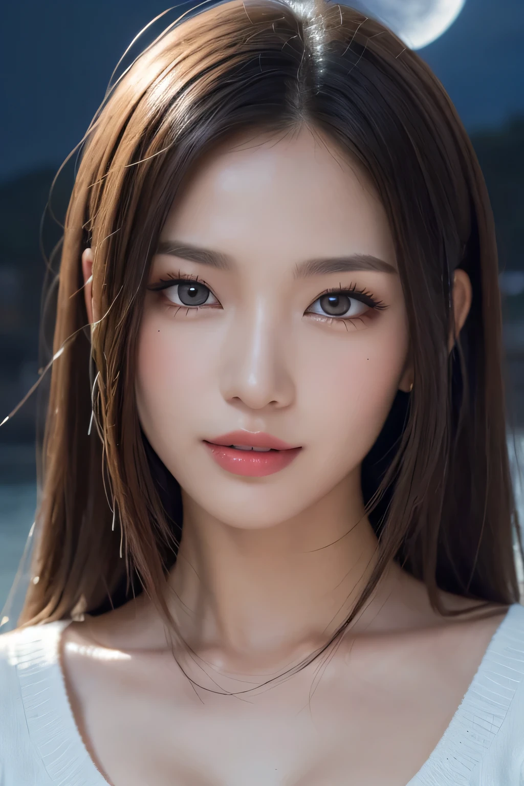Body portrait, 8K, thin and beautiful eyes, Dindal effect, masterpiece, top quality, high quality, high resolution, very detailed photo, (natural skin texture, fine skin, hyper realism, super sharpness), high detail skin, (very fine), fine skin texture, intricate detail, beautiful face, (realistic face), realistic eyes, beautifully detailed eyes, realistic skin, beautiful skin, surreal, highly detailed Golden ratio, double eyelids, smiling eyes, ((night moonlight background))), body portrait, G cup, big breasts, big breasts, big breasts, glamorous, sexy knit dress,