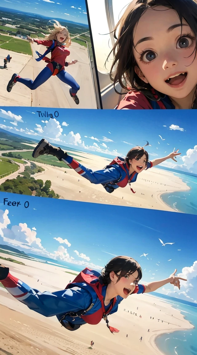 highest quality、High resolution、Detailed Background、Beautiful face in every detail、Anatomically correct、(Draw a normal number of fingers:1.2)、(Detailed facial expressions:1.2)、age beauty、Huge breasts、Perfect body line、Cute color hair color、Braided long hair、Braided Ponytail、Braided Hairstyles、Wavy Hairstyle、well-groomed eyebrows、Super height、Cowboy Shot、
(Two beautiful girls excited enjoying thrilling activities at super height:1.5)、
I'm extremely excited、Ultra high tension、Uplifting、
I'm very excited the moment an airplane door is opened and I'm thrown into the air、
The strength of the wind and the sense of altitude The feeling of free fall you experience for the first time heightens the excitement、
The free fall from jumping off an airplane until the parachute opens is thrilling and excited-boosting、
You can test your own limits and courage while feeling the feeling of falling at a high speed and changes in the surrounding scenery、
The moment the parachute opens after completely turning from free fall, the speed decreases all at once and it shifts to a quiet atmosphere、this moment is a mixture of excitement and relief、
After the parachute opens, you can enjoy the feeling of slowly flying through the air、
The feeling of floating in the wind and taking a walk in the air while admiring the beautiful scenery also heightens the excitement、
The last step in skydiving is the moment you land safely on the ground、
You can enjoy the excitement by using a parachute to glide and timing your landing、
The skydiving experience will give you the excitement and excitement you'll never forget、
Let's jump together and make memories in the air with two or more partner jumps, such as couples or parents、
The pets we skydive with are cute too、
If you prepare the right equipment such as a small dog or cat and jump together, the pet's facial expressions and reactions are fun、
A group that skydives with friends and friends coexists with cuteness and fun、
The sight of everyone ju