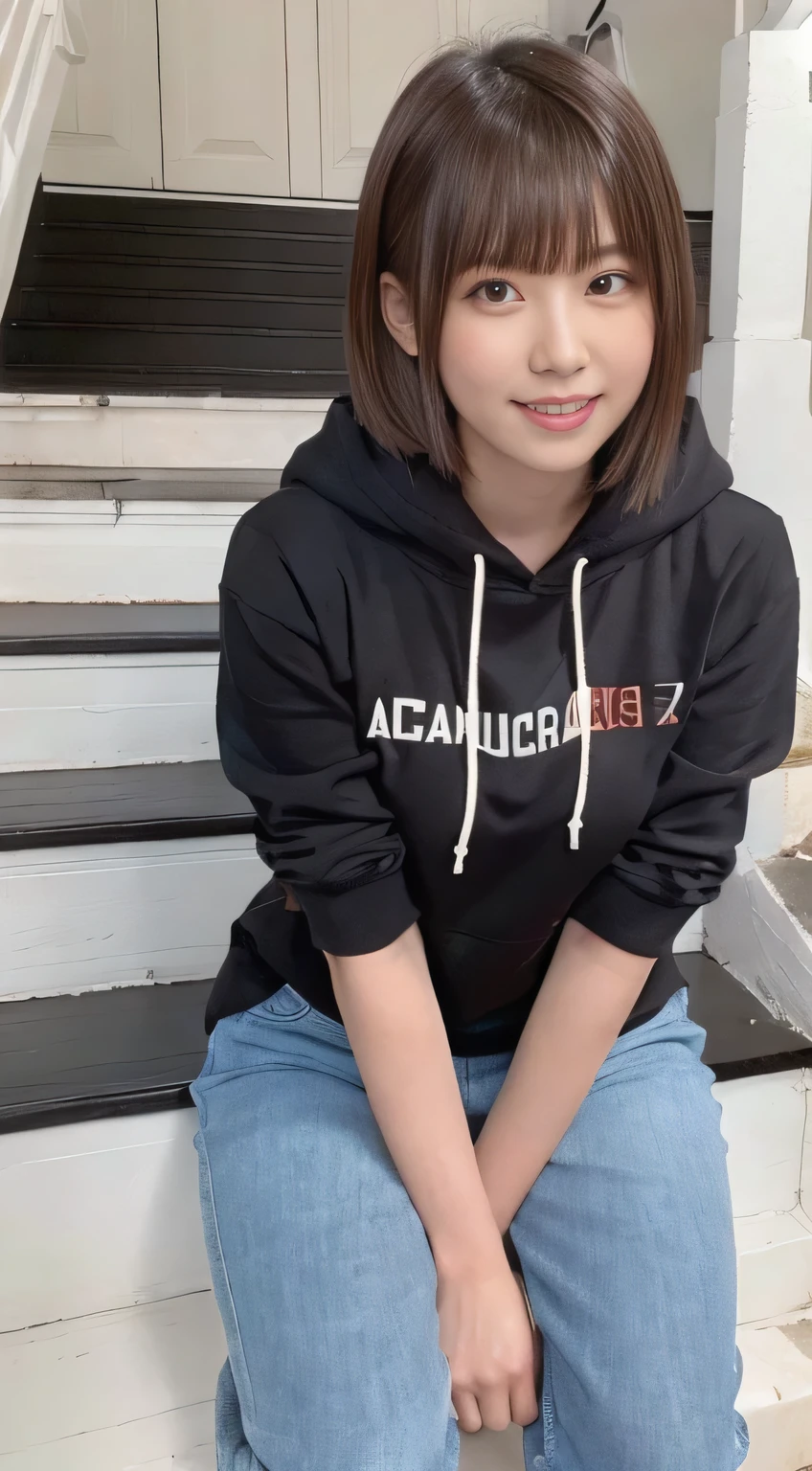 highest quality, Realistic, Very detailed, Finer details, High resolution, 8k wallpaper, One beautiful woman,Sit on the stairs、(Wear black socks)smile、(Beautiful teeth alignment、)(Gums are visible) Oversized hoodie, Skinny jeans,( Black sneakers)、Black Hair、 Beautiful Bangs、ear piercing、Perfect dynamic composition, Beautiful and detailed, Full Body Shot, A big smile brown hair