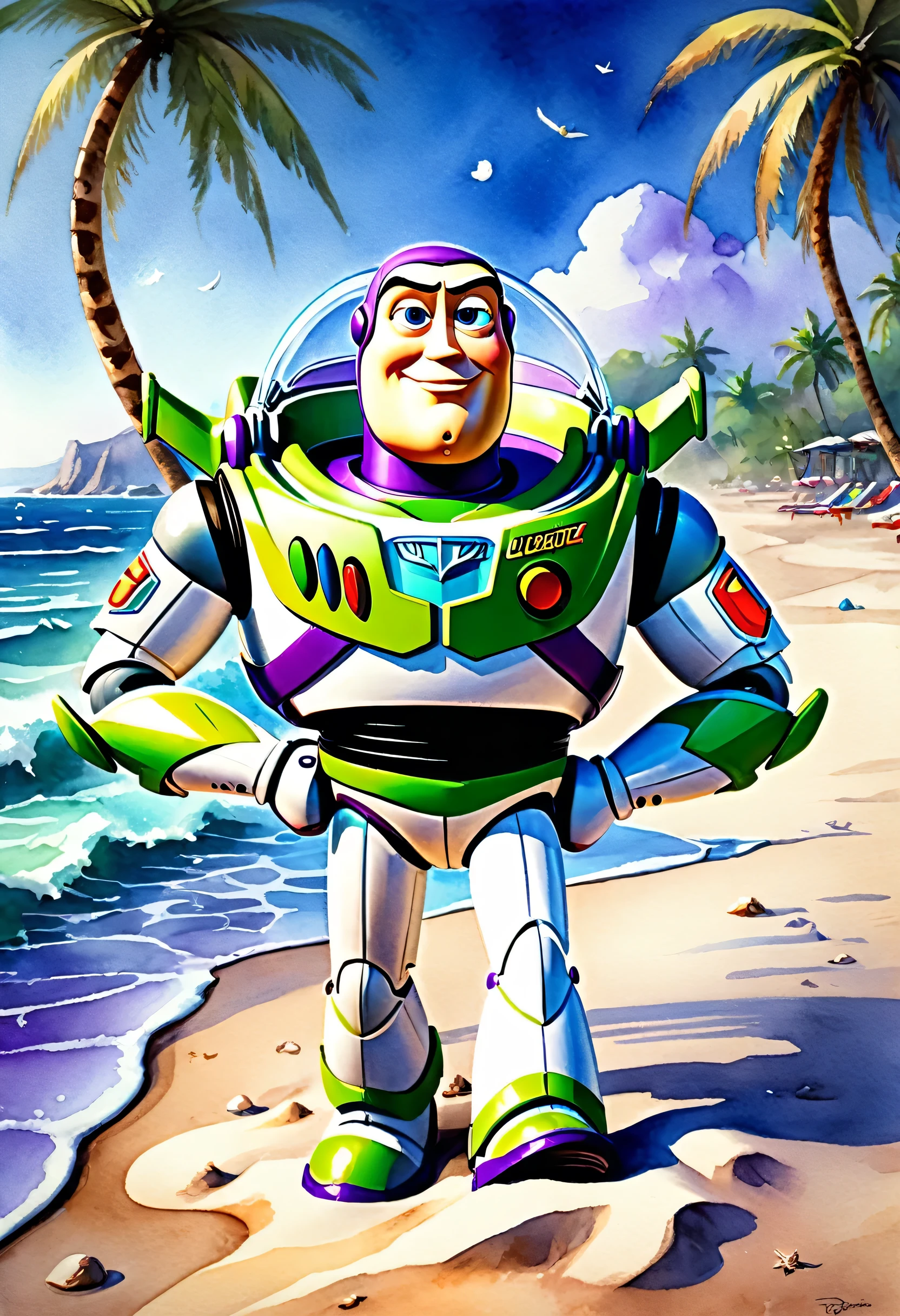 traditional watercolor painting (water color art: 1.5), an award wining, water color portrait of Pixar's (Buzz Lightyear: 1.5) (masterpiece, best detailed, best quality: 1.4), lying in the beach (masterpiece, best detailed, best quality: 1.4), he rests under a palm tree, he wears (purple swimsuit: 1.1), he has (sunglasses: 1.1) on, the sea is calm, sandy beach at high noon background, it a sunny day, dynamic range, ultra wide shot, photorealism, depth of field, hyper realistic,