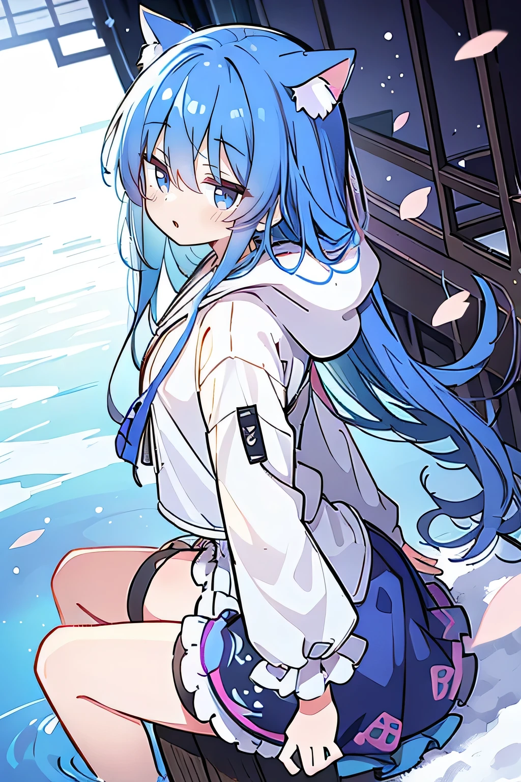 （masterpiece：1.2），Super detailed，lifelike，Expressive eyes，fair skin，perfect face shape，1 girl，
Japanese comics,Gorgeous blue hair,flowing blue hair,flowing clothes,Cat ears,Petals fall,beautiful lola,Baby Angel,
Shaking head with one hand，Cross your legs，Gentle and peaceful background，The pavilion is cool and comfortable,smile, wearing hoodie, background of tokyo,back views,snowing, winter,lie on the water. 